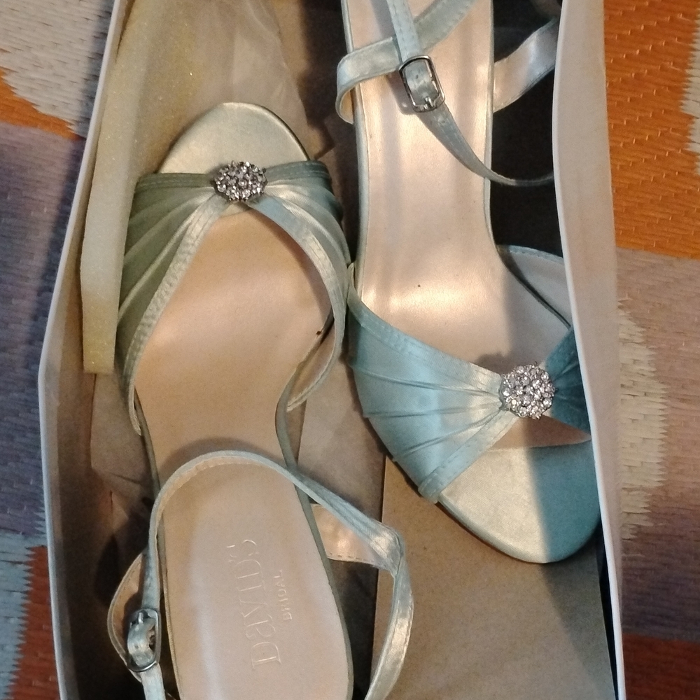 David's Bridal Mint Strappy Heels with Rhinestones